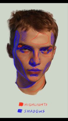 a man's face is shown with red and blue lines in the shape of his head