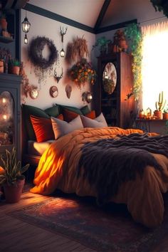 a bed room with a neatly made bed and lots of plants