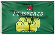 a green flag with yellow barrels and a red flag on top that says plastered