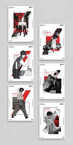 four different posters with red and black lines on them, all showing the same image