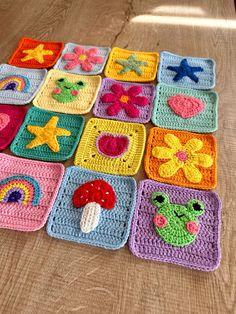 crocheted squares are arranged on a table