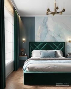 a bedroom with marble walls and green velvet headboard