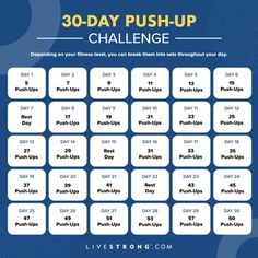 the 30 - day push up challenge is shown in blue and white with yellow lettering