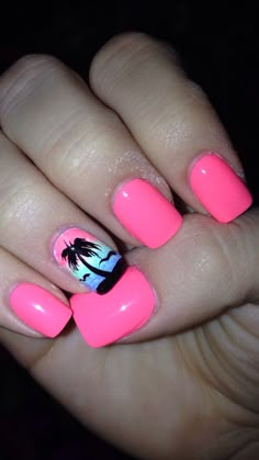 Palm Tree Nail Art Designs, Palm Tree Gel Nails, Palm Tree Nail Designs Beach, Pink Nails With Palm Tree, Kids Vacation Nails, Tropical Beach Nails, Pink Palm Tree Nails, Daphne Nails, Belize Nails