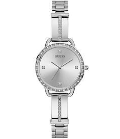 From Guess, the Women's Silver-Tone Crystal Analog Watch features: Stainless steel braceletSelf adjustable bracelet with crystal detailPolished steel case with crystalsCrystals on the case bangle and dialAnalog function with second-hand sweepCase size approx. 30mmWater Resistance: 30M2-year limited warrantyImported. Guess Watches Women Silver, Womens Watches Silver, Watches Silver, Style Watch, Bracelet Style, Analog Watch, Bellini, Metal Bracelets, Adjustable Bracelet