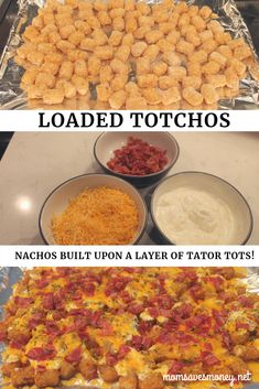 two pictures showing different types of food that are in pans and one has tater tots on it