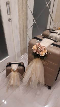 two suitcases with tulle bows on them sitting in front of a mirror and door