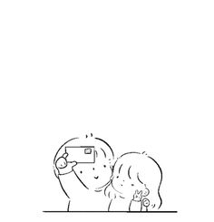 a drawing of two people looking at something in the distance with one person holding up a camera