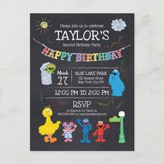 sesame street birthday party with chalkboard style design and colorful characters on the front, black background