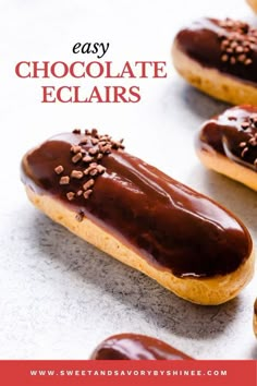 chocolate eclairs with sprinkles on them and the title says easy chocolate eclairs