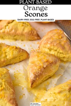 orange scones on parchment paper with text overlay that reads plant - based orange scones dairy - free egg - free plant - based