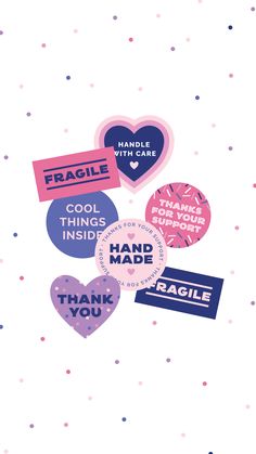 some stickers that say thank you and have hearts in the middle with words on them