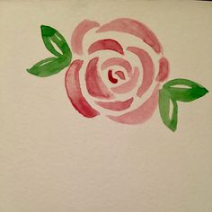 a drawing of a pink rose with green leaves