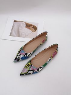 Multicolor Fashionable    Snakeskin Print Ballet Embellished   Women Shoes Brown Ballet Shoes, Snakeskin Pattern, Women Flats, Flats Patterns, Womens Ballet Flats, Casual Heels, Pointed Toe Shoes, Pointed Toe Flats, Pump Shoes