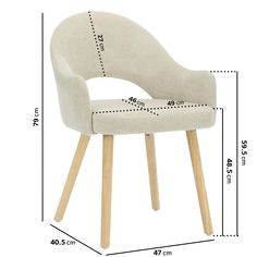 a white chair with wooden legs and measurements