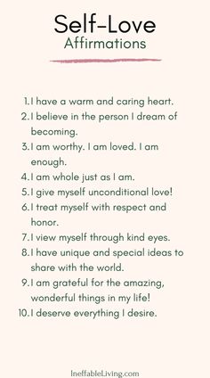 a poem with the words self love affirmations written in pink and white