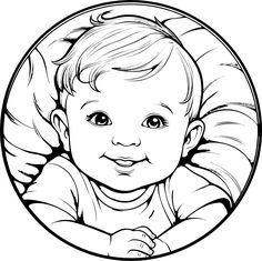 a black and white drawing of a baby's face in a round frame with the name