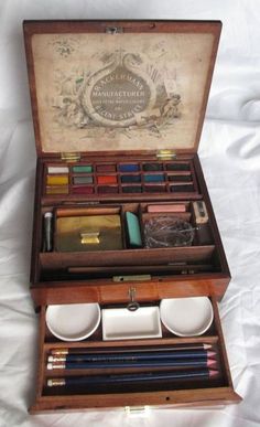 an old wooden box with many different items in it