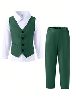 Young Boy Gentleman 2pcs Set Elegant Business Vest Suit + Long Pants, Formal Outfit For Party, Birthday, Wedding, Graduation, Christmas, Halloween Dark Green Party   Woven Fabric Colorblock,Plain  Non-Stretch  Young Boys Clothing, size features are:Bust: ,Length: ,Sleeve Length: Male Costumes, Waistcoat Suit, Business Vest, Prince Coat, Groomsmen Outfits, Fancy Clothes, Look Formal, Striped Vests, Emerald Wedding