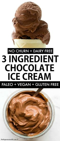 three chocolate ice creams in bowls with text overlay that reads, 3 ingredient chocolate ice cream pale + vegan + gluten free