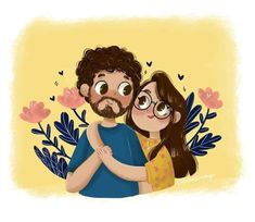 a man and woman hugging each other in front of flowers with glasses on their faces