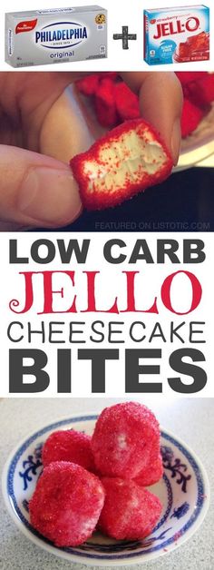 an advertisement for jello cheesecake bites with the words low carb jello on it