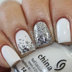 .@kimberlymaranan | My fave style of mani!! I don't think I could ever get sick of this combo! Ch... Wedding Nail Art Design, White And Silver Nails, Nail Art Wedding, Silver Nails, Prom Nails, Fancy Nails