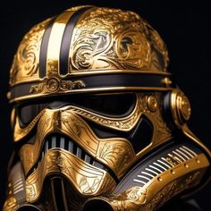 a star wars helmet is shown in gold and black