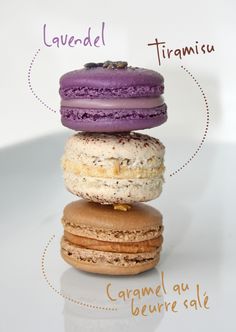 three macaroons stacked on top of each other with words describing the different types of macaroons