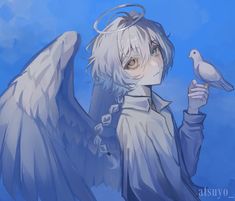 an anime character holding a white bird on his hand and looking at the camera while standing in front of a blue sky