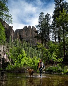 a man and his dog are walking through the water in front of some mountains with trees