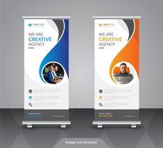 two roll up banners with the words we are creative agency and an image not included