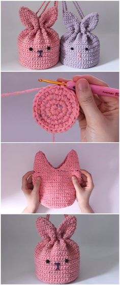 crocheted bunny purses are being made with yarn