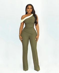 Green jumpsuit outfit casual and classy African Inspired Work Outfit, Brown Corporate Outfit, Cooperate Two Piece Outfits, Corporate Jumpsuit Work Outfits, Induction Outfit Ideas, Induction Ceremony Outfit, Green Jumpsuit Outfit Casual, Graduation Inspo Outfits, Wedding Guest Outfit Pants Women