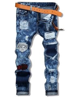 Patch Embellished Star Embroidery Cuffed Jeans - Denim Dark Blue - 3202285713 - Men's Clothing, Men's Bottoms, Men's Jeans  #MensJeans #Men's #Clothing # #Men's #Bottoms # #Men's #Jeans Ripped Jeans With Patches, Jeans With Patches, Slim Fit Mens Jeans, Ripped Jeans Style, Cheap Fashion Dresses, Denim Pants Mens, Cheap Jeans, Jean Large, Biker Jeans