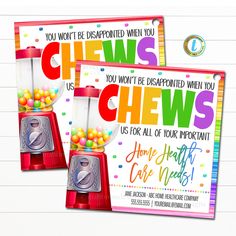 two personalized birthday cards with gummy machines on the front and back, one for each child's age