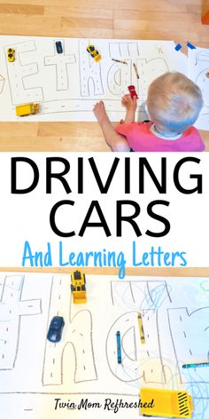 a child is playing with cars and learning letters on the floor in front of them