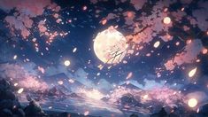 an anime scene with the moon in the sky and cherry blossom trees on the ground