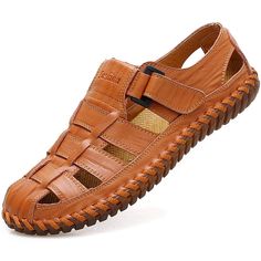 PRICES MAY VARY. COMFORTABLE: The mens casual sandal`s classic closed toe upper is made of selected cowhide which is lightweight and durable, not easy to deform. All TPR rubber sole with soft leather vamp provide enough comfort and support; NON-SLIP: The closed toe design to a large extent protect you toe from hurt,and the button make the leather sandals easy to put on and take off; TPR material of men`s sport sandals` sole which has good anti-slip performance; BREATHABLE: Honeycomb insole and u Trekking Sandals, Fisherman Shoes, Athletic Sandals, Mens Leather Sandals, Outdoor Sandals, French Twist, Sport Sandals, Mens Leather, Beach Shoes