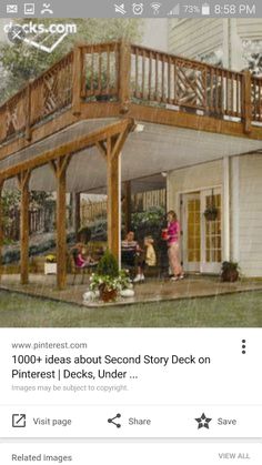 an artist's rendering of a house with people sitting on the porch and standing outside