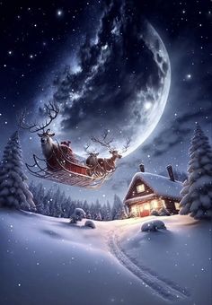 a santa claus sleigh flying over a snowy landscape