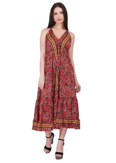 Bohemian Chic Halter Dress in Printed Polyester Paisley and Floral Pattern. The Ties That Tie In The Neck And In The Back Are Elegantly Decorated With Beads And Handmade Pompoms. Fluid Fabric Touched like Silk One size from S to XL Main Color: Red Printing Color: Red and Black 100% Polyester (Wrinkle Free) Machine wash 30o No dryer Do not lay out in the sun Handmade Delivered In A Cloth Pouch And Wrapped In Tissue Paper Ideal For Gifting You Can Match It With This Kimono https://www.etsy.com/fr/listing/1213035812/kimono-boheme-chic-oo-kimono-mi-long?ref=listings_manager_grid Find Our other Items On: www.etsy.com/fr/shop/Ethnicqueen The color of the product shown here may vary very slightly depending on lighting and screens. Red Bohemian Maxi Dress With Paisley Print, Red Paisley Print Dress For Vacation, Bohemian Kalamkari Print Summer Dress, Red Sleeveless Dresses With Boho Print, Red Paisley Print Maxi Dress For Summer, Multicolor Cotton Dress With Paisley Print, Red Bohemian Dress With Kalamkari Print, Bohemian Red Dress With Kalamkari Print, Multicolor Kalamkari Print Dress For Spring