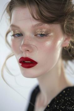 Makeup That Matches Red Dress, Dark Lip Light Eye Makeup, Makeup Look Red Dress, Gold Eyes Red Lips Makeup, Gold Makeup Red Lips, Fun Wedding Makeup, Red And Gold Makeup Looks, Ruby Red Lipstick, Lipstick Ideas