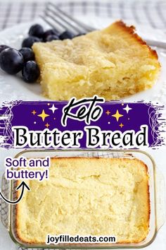 a slice of butter bread on a plate with blueberries next to it and the words, top butter bread soft and buttery