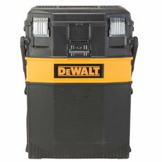 a black and yellow tool box with the word dewt on it's side