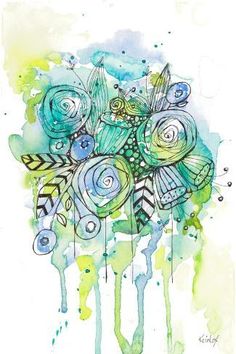 an abstract painting with blue flowers and green paint drips on the watercolor background