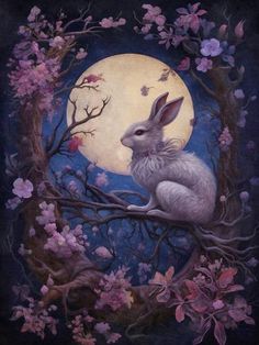 a painting of a rabbit sitting on a tree branch in front of a full moon