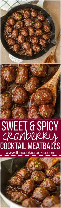 sweet and spicy cranberry cocktail meatballs in a cast iron skillet with text overlay