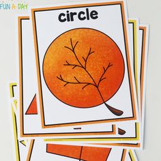 four orange cards with the words circle and an image of a tree on one side