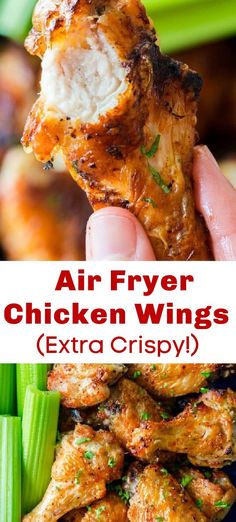 air fryer chicken wings with celery in the foreground and text overlay that reads, air fryer chicken wings extra crispy